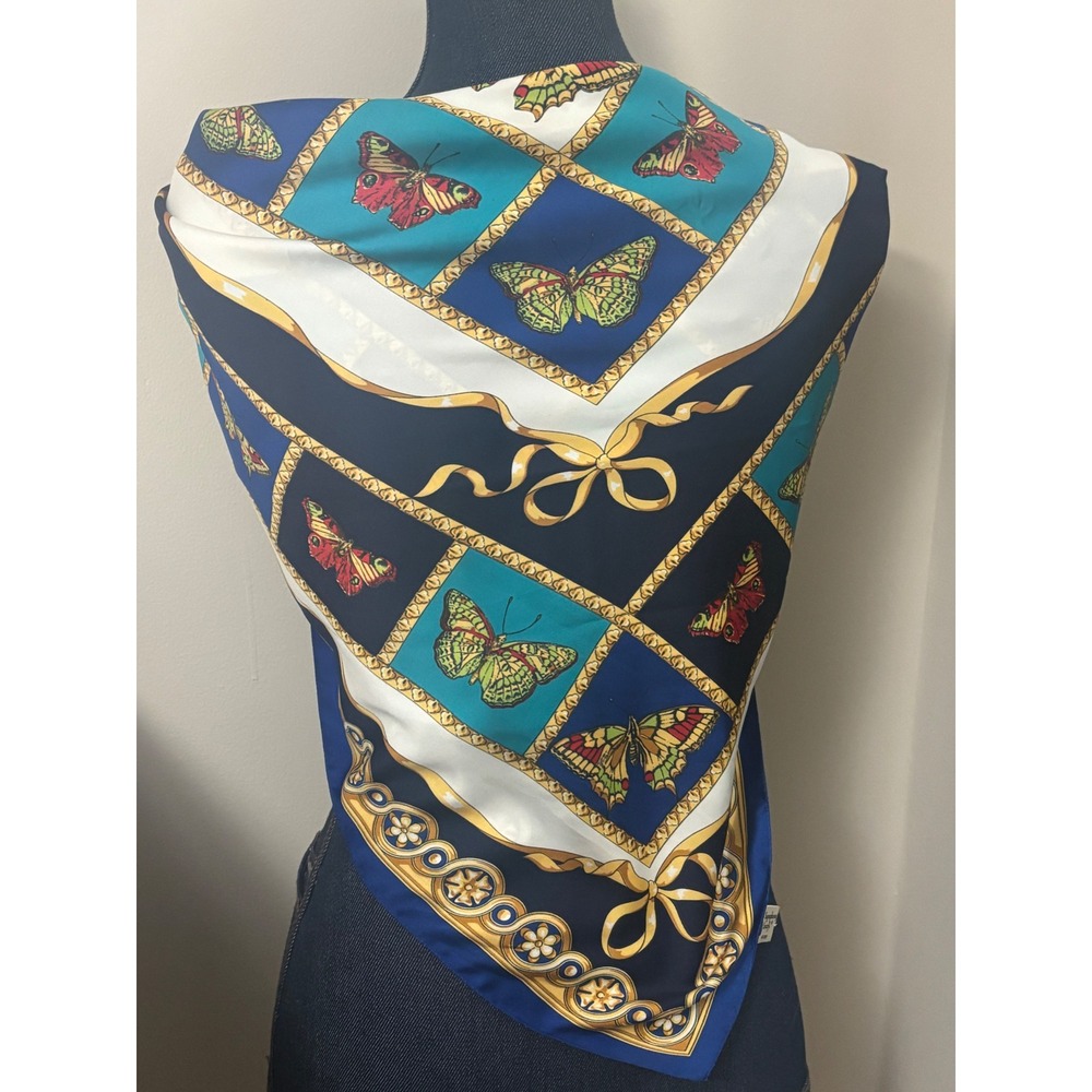 Symphony Scarf Italy Vintage Butterfly Ribbon Silk Feel Square Scarf Blue Gold